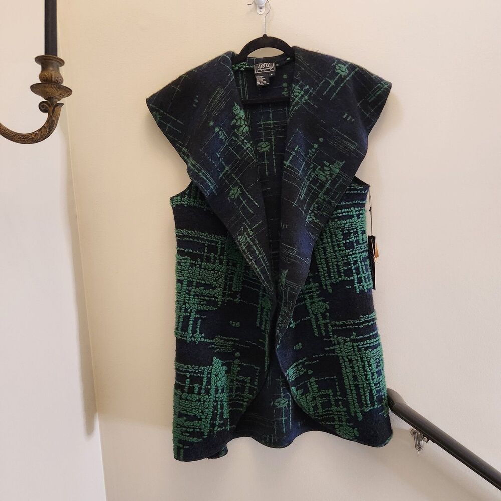 UbU Art-to-wear Green/Blue Long Sweater Vest Textured Knit Cardigan Wool Blend L